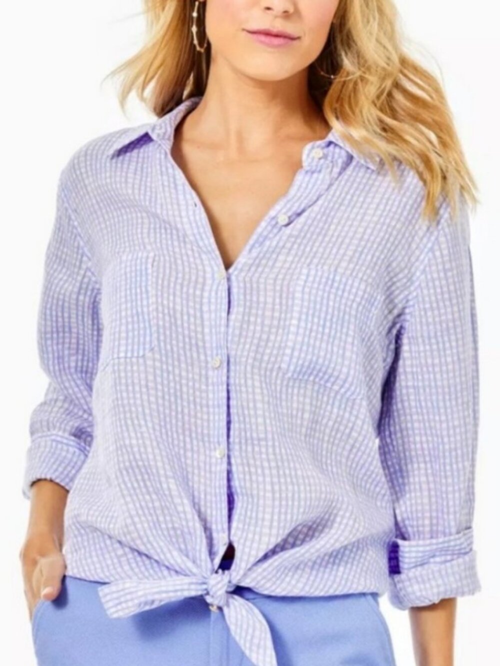 Lilly Pulitzer Seaview Blouse Tunic Lilac Linen Check lavender Gingham plaid XL